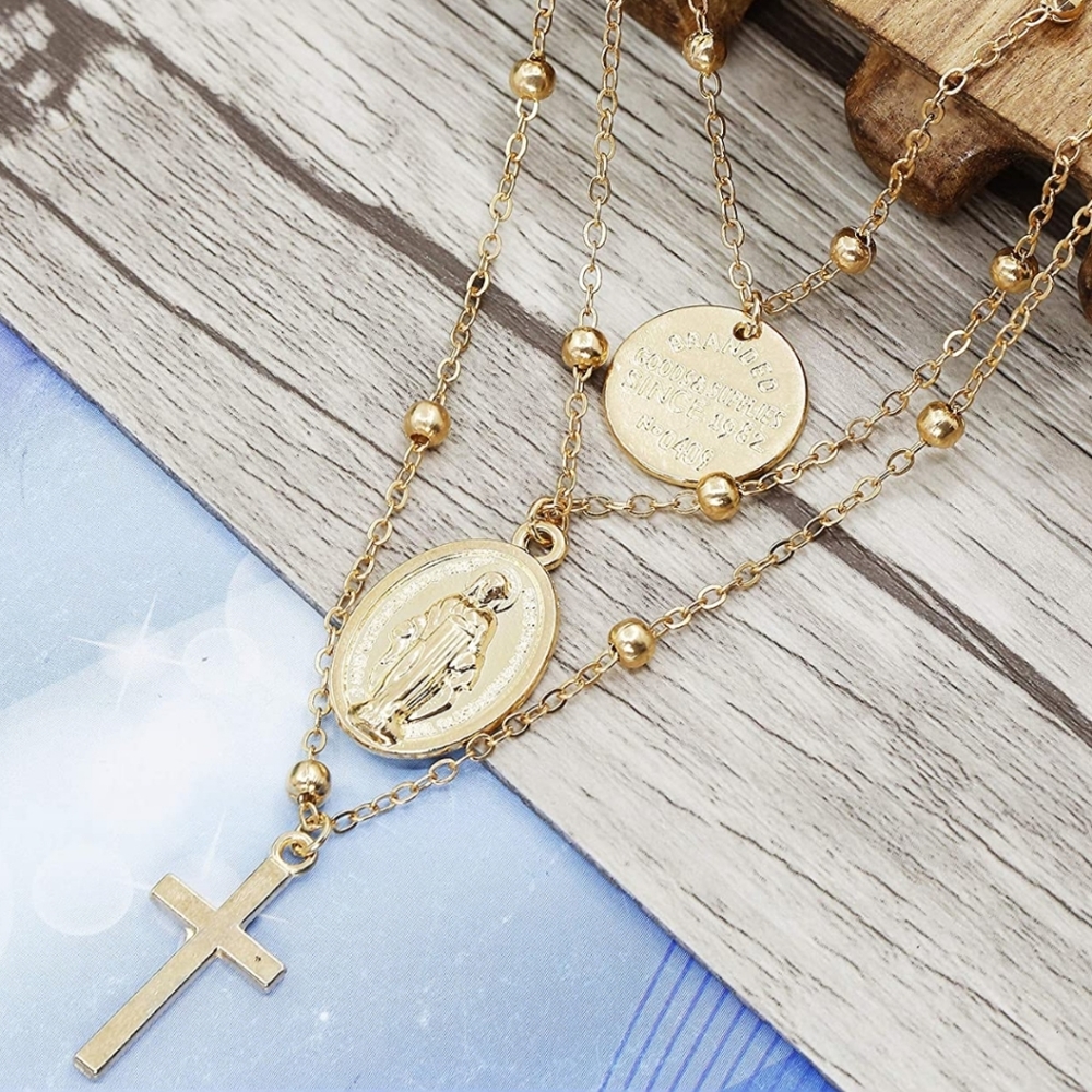 Goldtone Cross Layered Necklace - Picture 4 of 6